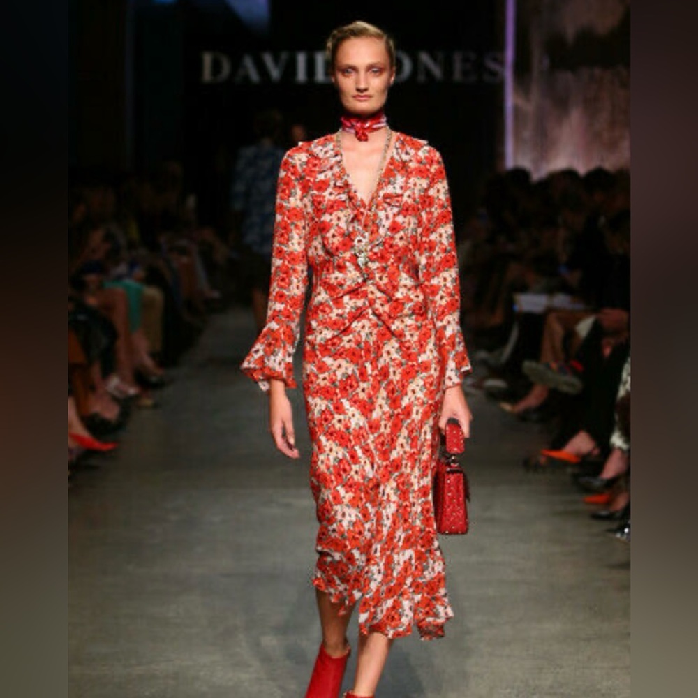 RIXO Floral Red Midi Dress with Ruffle Details